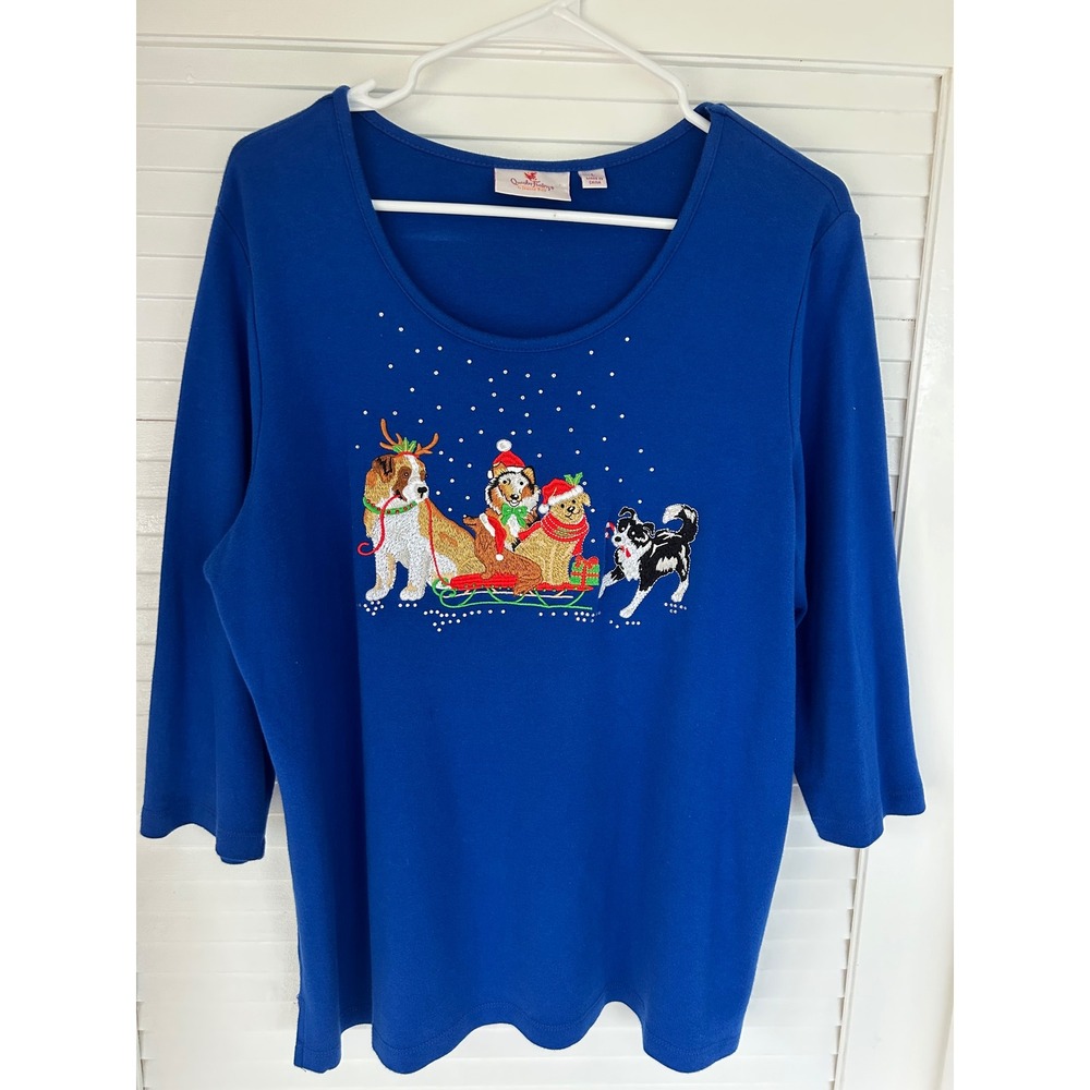 Quacker Factory Christmas Dogs Sled Royal Blue 3/4 Sleeve Top Large